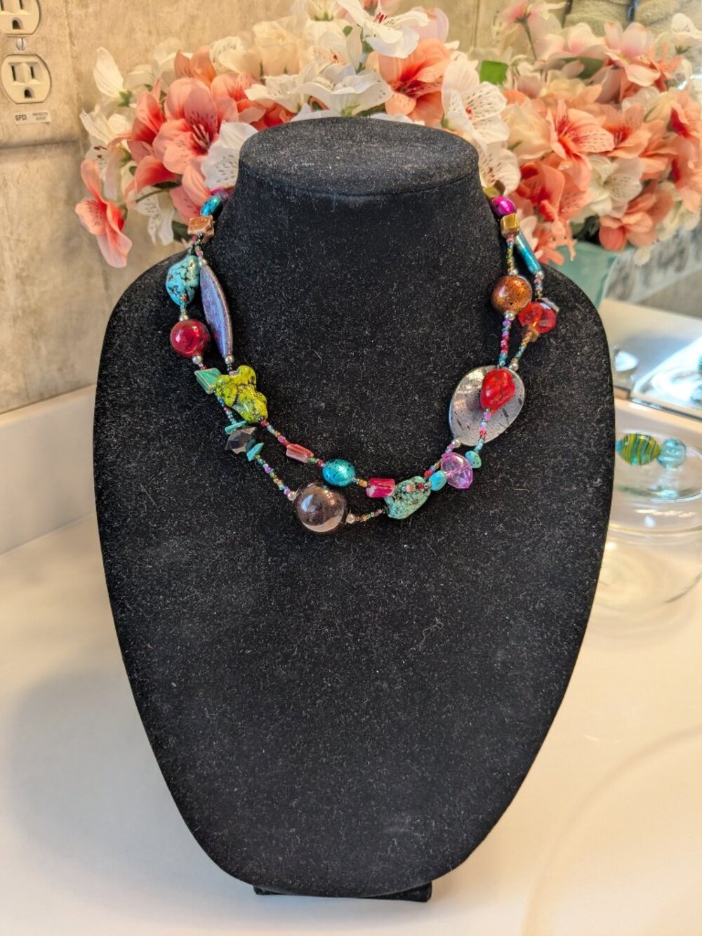 Boho Multi Color Glass Stone Bead Double Strand Necklace